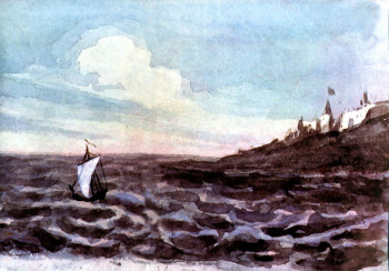 «Морской вид с парусом». Акварель Лермонтова, 1828—1832 гг.